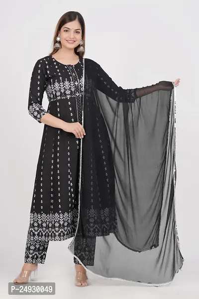 Stylish Black Rayon Printed Straight Kurta, Bottom and Dupatta Set For Women-thumb0