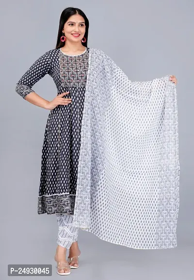 Stylish Black Rayon Printed Straight Kurta, Bottom and Dupatta Set For Women