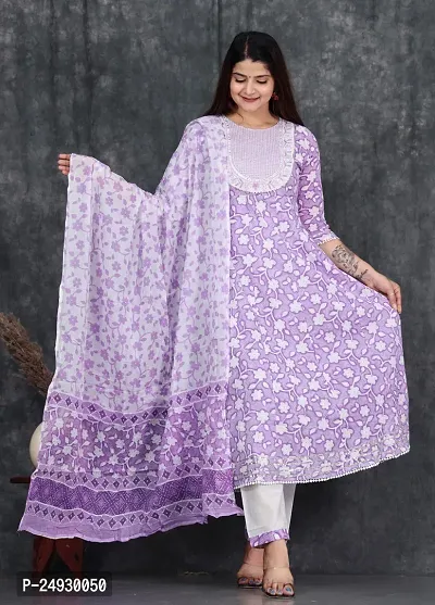 Stylish Purple Rayon Printed Straight Kurta, Bottom and Dupatta Set For Women-thumb0