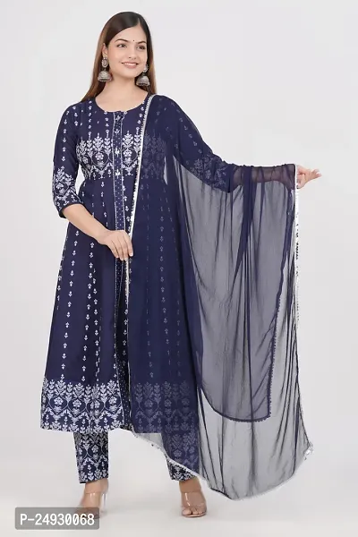 Stylish Navy Blue Rayon Printed Straight Kurta, Bottom and Dupatta Set For Women