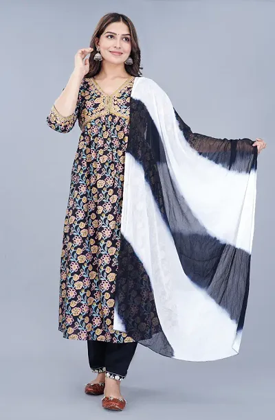 Stylish Rayon Straight Printed Kurta with Bottom And Dupatta Set