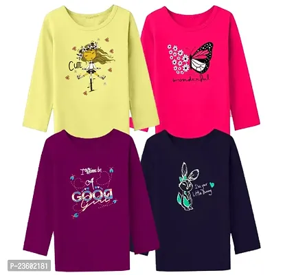 100% Pure Cotton Graphic Printed Full Sleeve Kids T-shirts for Girls - Pack of 4