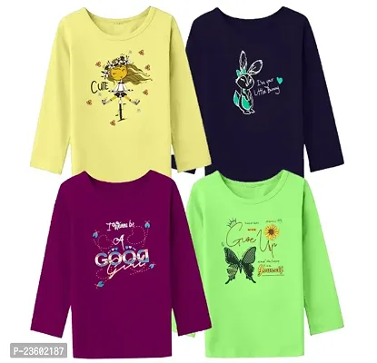 100% Pure Cotton Graphic Printed Full Sleeve Kids T-shirts for Girls - Pack of 4
