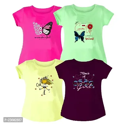 100% Pure Cotton Graphic Printed Half Sleeve Kids Tshirt for Girls - Pack of 4