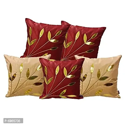 Maroon and Beige Golden Floral Rexin Polyester Cushion Covers( Pack of 5) (Size- 40cm x 40cm or 16in x 16in)
