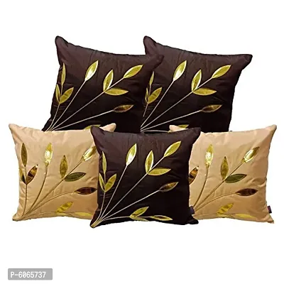 Brown and Beige Golden Floral Rexin Polyester Cushion Covers( Pack of 5) (Size- 40cm x 40cm or 16in x 16in)