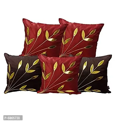 Maroon and Brown Golden Floral Rexin Polyester Cushion Covers( Pack of 5) (Size- 40cm x 40cm or 16in x 16in)