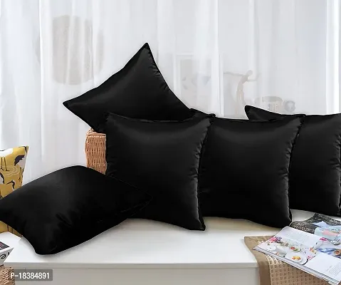 MSenterprise Cushion Cover Set of 5 Black Plain Stiched On Sides Polyester Cushion Covers 40X40 cm (16X16 Inch)