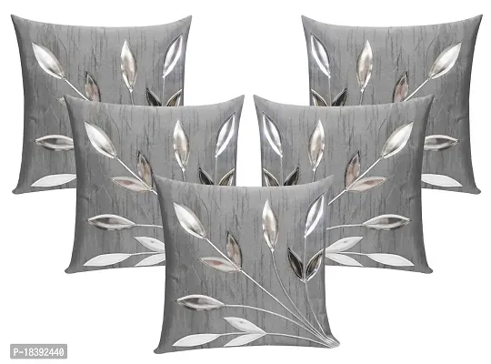 MSenterprise Cushion Covers Dupion Silk Polyester Floral Leaves Home Bedroom Pack of 5 (16x16 Inch) (Silver)