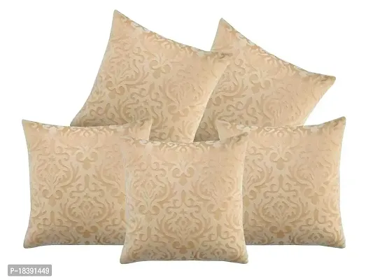 MSenterprise Cushion Covers Velvet Soft Printed Sofa Cover Pillow Cover Square Handmade Emboss for Home Bedroom Hall Living Room Car - (Set of 5) (30 x 30 cm Or 12 x 12 Inches), (Beige Golden)-thumb0