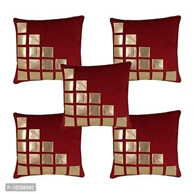 MSenterprise Cushion Cover Set of 5 Pink Rexin Geometric Velvet Cushion Covers 40X40 cm (16X16 Inch) (Maroon)-thumb0