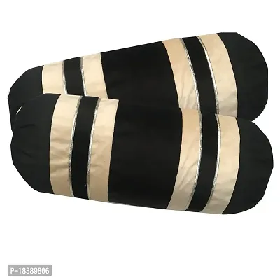 MSENTERPRISES Cushion Cover Velvet Striped Bolster Covers Pack of 2 (40x80 Cms) Black  Beige