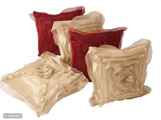 MSenterprises Tissue Rose Cushion Cover (40 x 40 cm, Beige and Maroon) -Pack of 5