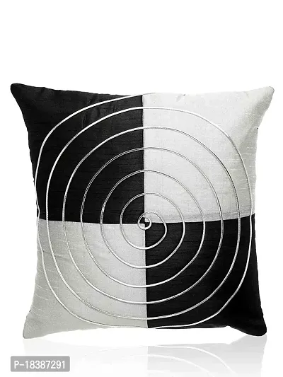 MSenterprise Cushion Covers White  Black Round Striped Dupion Silk Pack of 5(40x40 Cms Or 16x16 Inch) (White)-thumb2