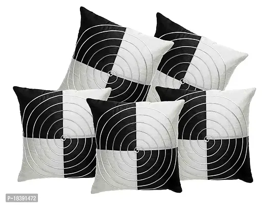 MSenterprise Cushion Covers Decor Jalebi Shape Synthetic Round Strip Cushion Cover with Zipper 16 X 16 inch, Pack of 5 (Black)