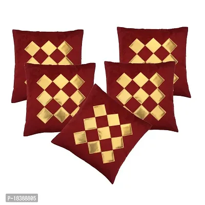 MSenterprise Cushion Covers Velvet Geometrical Shapes Digital Handmade Print Stitched - Set of 5 (Maroon)