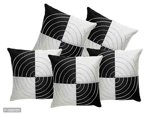 MSenterprise Cushion Covers White  Black Round Striped Dupion Silk Pack of 5(40x40 Cms Or 16x16 Inch) (White)