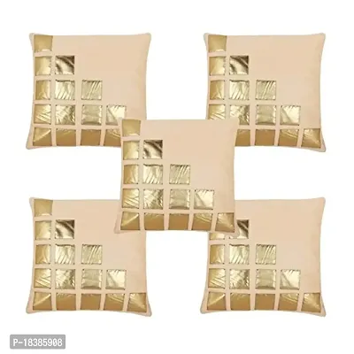 Freely Beige Color Gold Leather Patches Cushion Cover (16X16 Inches) - Pack of 5