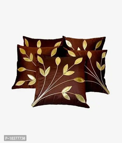 FabLooms Polysilk Leaf Design Cushion Covers (40.64 x 40.64cm, Brown and Golden) - Set of 5-thumb2