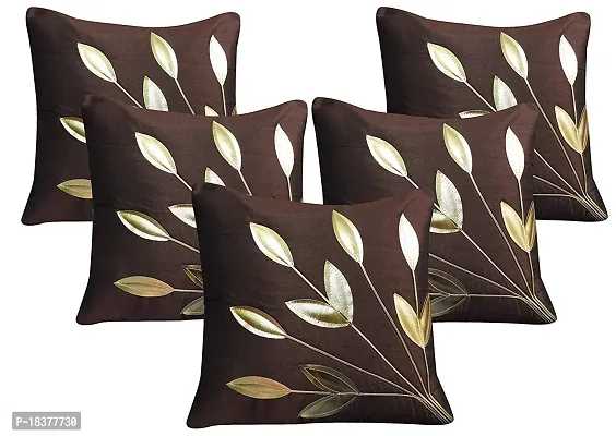 FabLooms Polysilk Leaf Design Cushion Covers (40.64 x 40.64cm, Brown and Golden) - Set of 5-thumb3