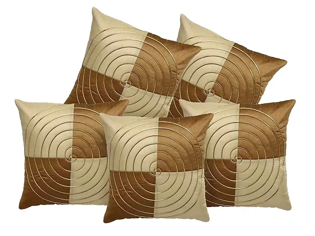 MSenterprises White Round Striped Dupion Silk Cushion Covers Pack of 5(40x40 Cms Or 16x16 Inch)