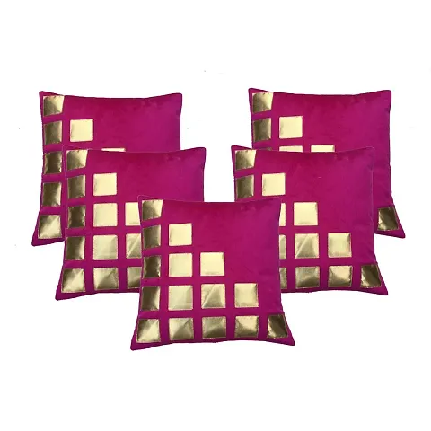 MSenterprise Set of 5 Pink Rexin Geometric Velvet Cushion Covers 40X40 cm (16X16 Inch) Variation