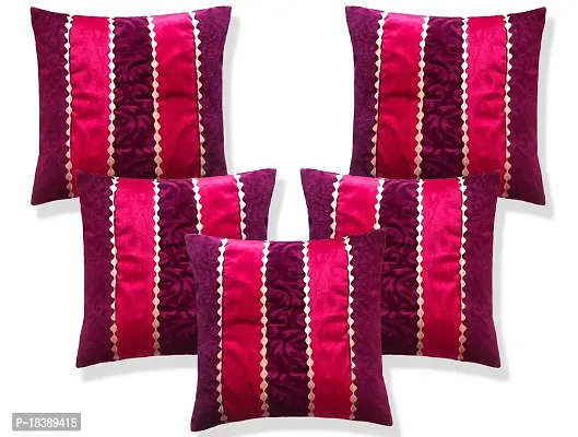 MSenterprises Cushion Cover Purple and Pink Velvet Patti Polyester Pack of 5(40x40 Cms Or 16x16 Inch)