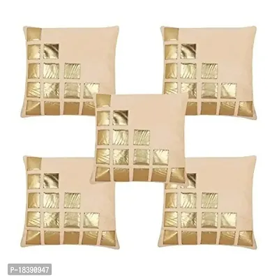 MSENTERPRISES Cushion Cover Set of 5 Pink Rexin Geometric Velvet Cushion Covers 40X40 cm (16X16 Inch) (Beige)-thumb0
