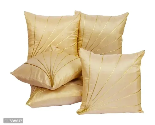 Cushion Cover Beige Golden Striped Polyester for Sofa Bedroom Kids Room 16 x 16 Inches Throw Pillow Soft Cover Set of 5 Emboss Decorative filler cover for Hall Living Room (Beige Golden)-thumb0