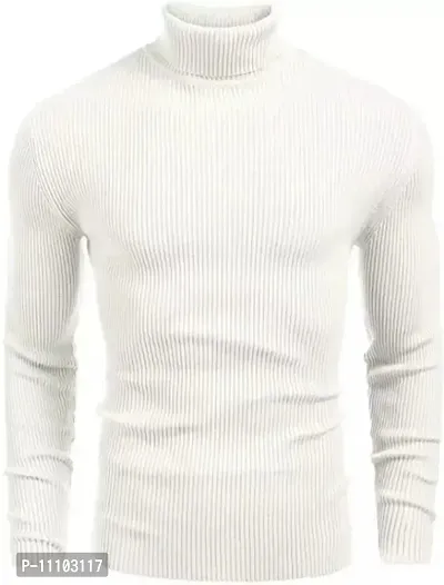 Men Striped Turtle Neck White T-Shirt-thumb0