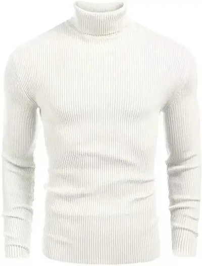 Men Striped Turtle Neck White T-Shirt