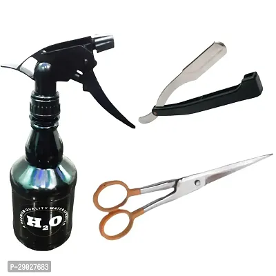 Black hair spray bottle, white reti scissor and black rezor pack of 3