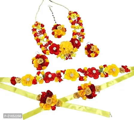 Haldi jewellery set for women bridal flower jewellery set for haldi bridal jewellery set for wedding Necklace, Earrings, Bracelet  Maang Tika set for Women  Girls (Mehandi/Haldi/Wedding/Bridal/Baby Shower)-thumb0