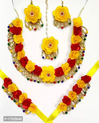 Haldi jewellery set for women bridal flower jewellery set for haldi bridal jewellery set for wedding Necklace, Earrings, Bracelet  Maang Tika set for Women  Girls (Mehandi/Haldi/Wedding/Bridal/Baby Shower)