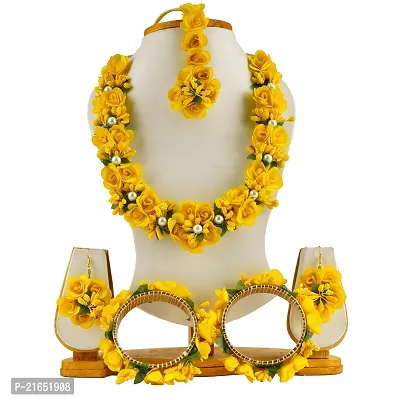 Haldi jewellery set for women bridal flower jewellery set for haldi bridal jewellery set for wedding Necklace, Earrings, Bracelet  Maang Tika set for Women  Girls (Mehandi/Haldi/Wedding/Bridal/Baby Shower)-thumb0