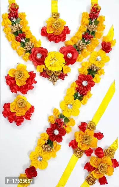 Haldi jewellery set for women bridal flower jewellery set for haldi bridal jewellery set for wedding Necklace, Earrings, Bracelet  Maang Tika set for Women  Girls (Mehandi/Haldi/Wedding/Bridal/Baby Shower)