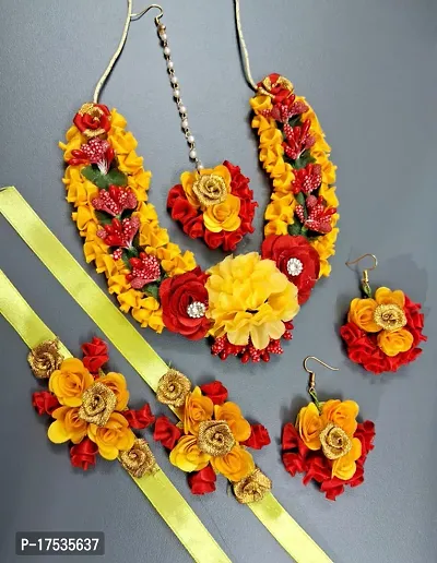 Haldi jewellery set for women bridal flower jewellery set for haldi bridal jewellery set for wedding Necklace, Earrings, Bracelet  Maang Tika set for Women  Girls (Mehandi/Haldi/Wedding/Bridal/Baby Shower)