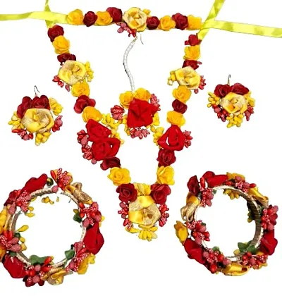 Haldi jewellery set for women bridal flower jewellery set for haldi bridal jewellery set for wedding Necklace, Earrings, Bracelet Maang Tika set for Women Girls (Mehandi/Haldi/Wedding/Bridal/Baby Shower)