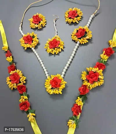 Haldi jewellery set for women bridal flower jewellery set for haldi bridal jewellery set for wedding Necklace, Earrings, Bracelet  Maang Tika set for Women  Girls (Mehandi/Haldi/Wedding/Bridal/Baby Shower)