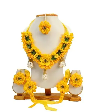 Haldi jewellery set for women bridal flower jewellery set for haldi bridal jewellery set for wedding Necklace, Earrings, Bracelet Maang Tika set for Women Girls (Mehandi/Haldi/Wedding/Bridal/Baby Shower)