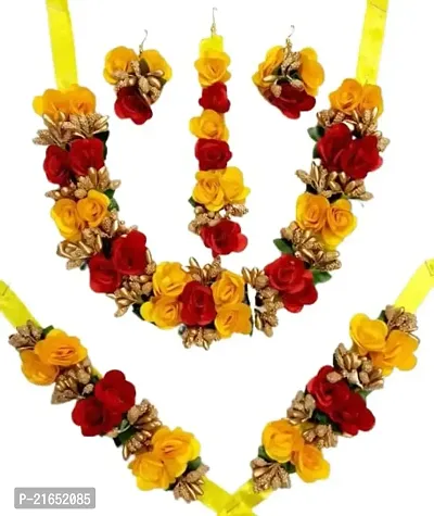 Haldi jewellery set for women bridal flower jewellery set for haldi bridal jewellery set for wedding Necklace, Earrings, Bracelet  Maang Tika set for Women  Girls (Mehandi/Haldi/Wedding/Bridal/Baby Shower)