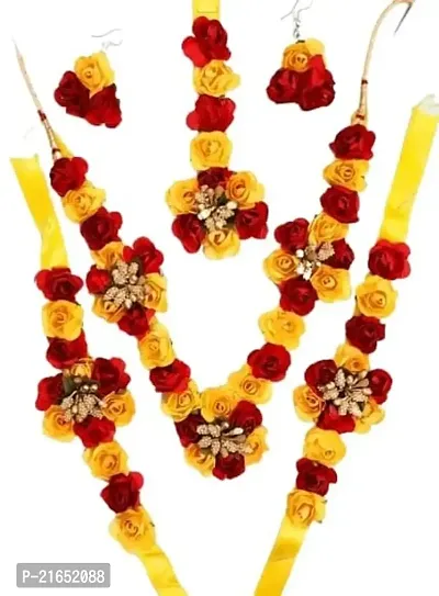 Haldi jewellery set for women bridal flower jewellery set for haldi bridal jewellery set for wedding Necklace, Earrings, Bracelet  Maang Tika set for Women  Girls (Mehandi/Haldi/Wedding/Bridal/Baby Shower)