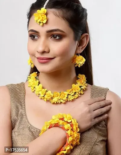 Haldi jewellery set for women bridal flower jewellery set for haldi bridal jewellery set for wedding Necklace, Earrings, Bracelet  Maang Tika set for Women  Girls (Mehandi/Haldi/Wedding/Bridal/Baby Shower)-thumb0