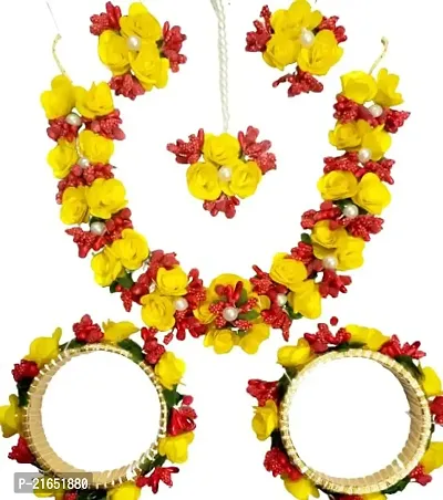 Haldi jewellery set for women bridal flower jewellery set for haldi bridal jewellery set for wedding Necklace, Earrings, Bracelet  Maang Tika set for Women  Girls (Mehandi/Haldi/Wedding/Bridal/Baby Shower)-thumb0