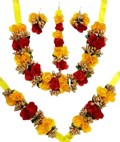 Haldi jewellery set for women bridal flower jewellery set for haldi bridal jewellery set for wedding Necklace, Earrings, Bracelet Maang Tika set for Women Girls (Mehandi/Haldi/Wedding/Bridal/Baby Shower)