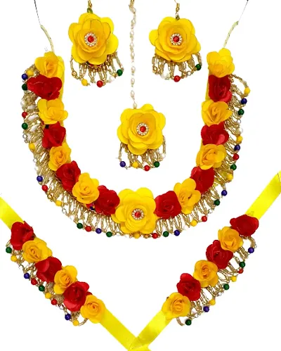 Haldi jewellery set for women bridal flower jewellery set for haldi bridal jewellery set for wedding Necklace, Earrings, Bracelet Maang Tika set for Women Girls (Mehandi/Haldi/Wedding/Bridal/Baby Shower)