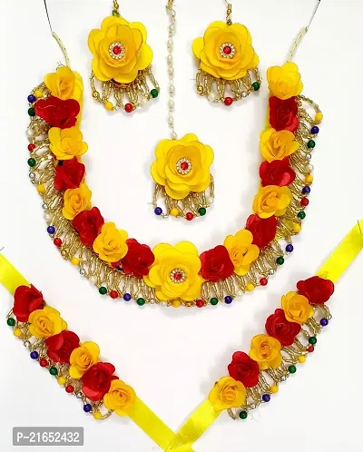 Haldi jewellery set for women bridal flower jewellery set for haldi bridal jewellery set for wedding Necklace, Earrings, Bracelet  Maang Tika set for Women  Girls (Mehandi/Haldi/Wedding/Bridal/Baby Shower)-thumb2