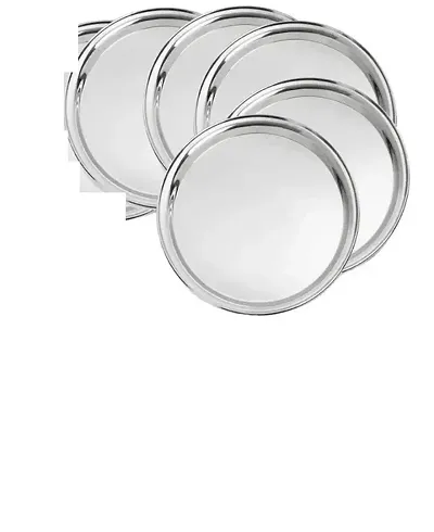 Stylish Stainless Steel Compartment Round Dinner Plate, 32cm (Silver) -Pack of 5