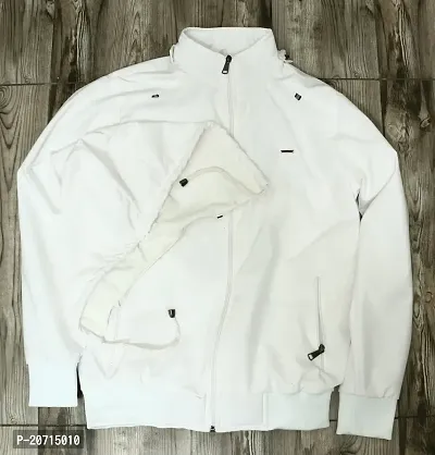 Men's  Boy's full sleeves White Windcheater Rice Knit Inside For Winter Wear Zipper Jacket-thumb0