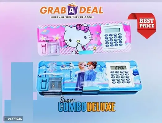 Hllo Kitty Pink And Frozen Girls Blue Pencil Box With 4 Rainbow Pencils